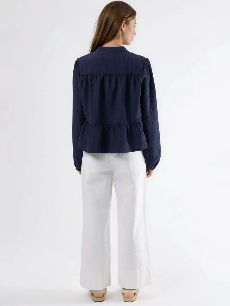 HICCUP Navy Blue Long Sleeve Tippet Collar Blouse for Women | Best Price UAE