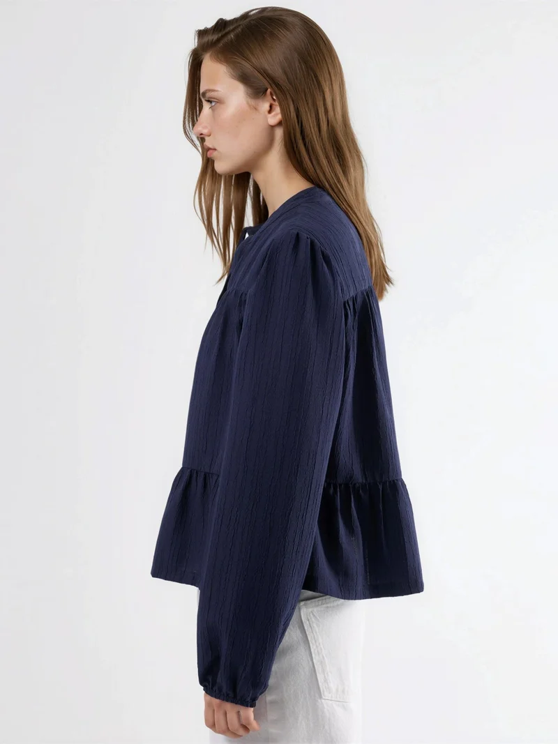 HICCUP Navy Blue Long Sleeve Tippet Collar Blouse for Women | Best Price UAE