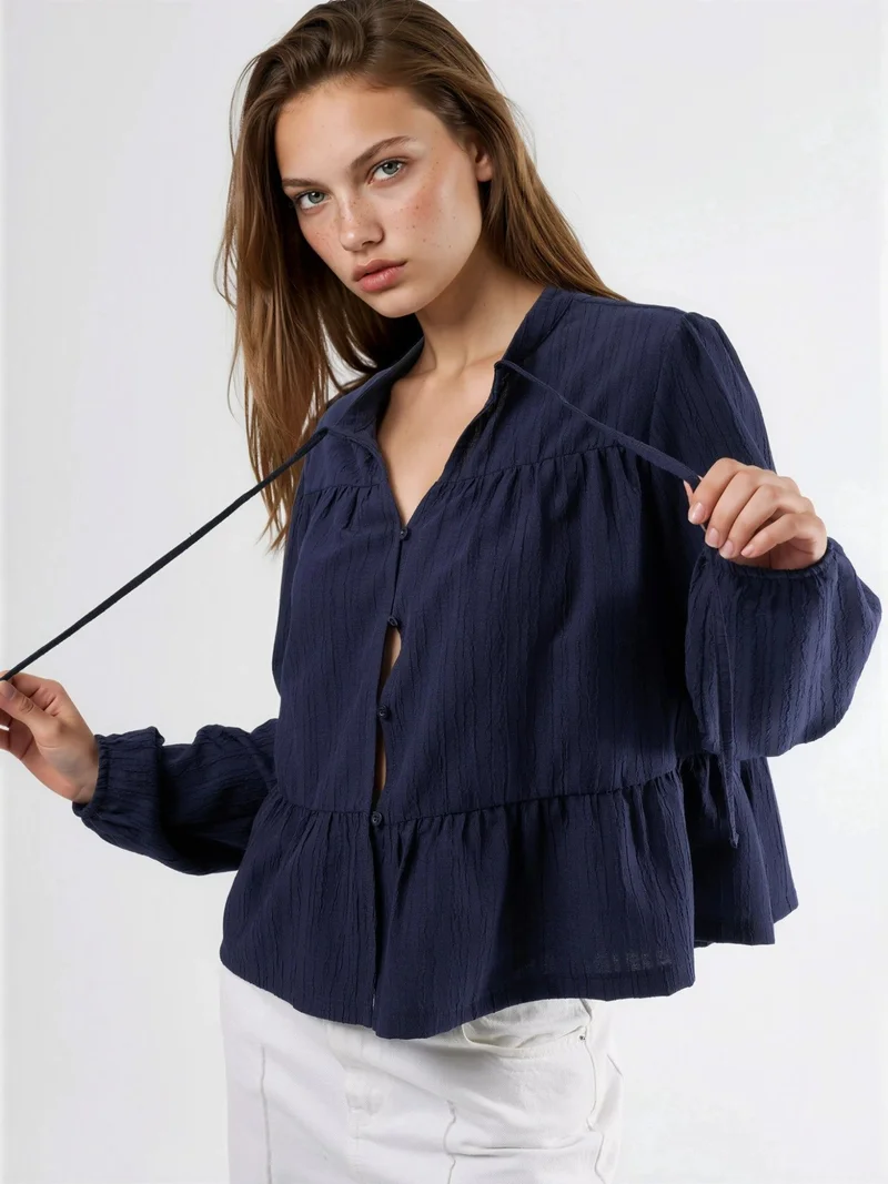 HICCUP Navy Blue Long Sleeve Tippet Collar Blouse for Women | Best Price UAE
