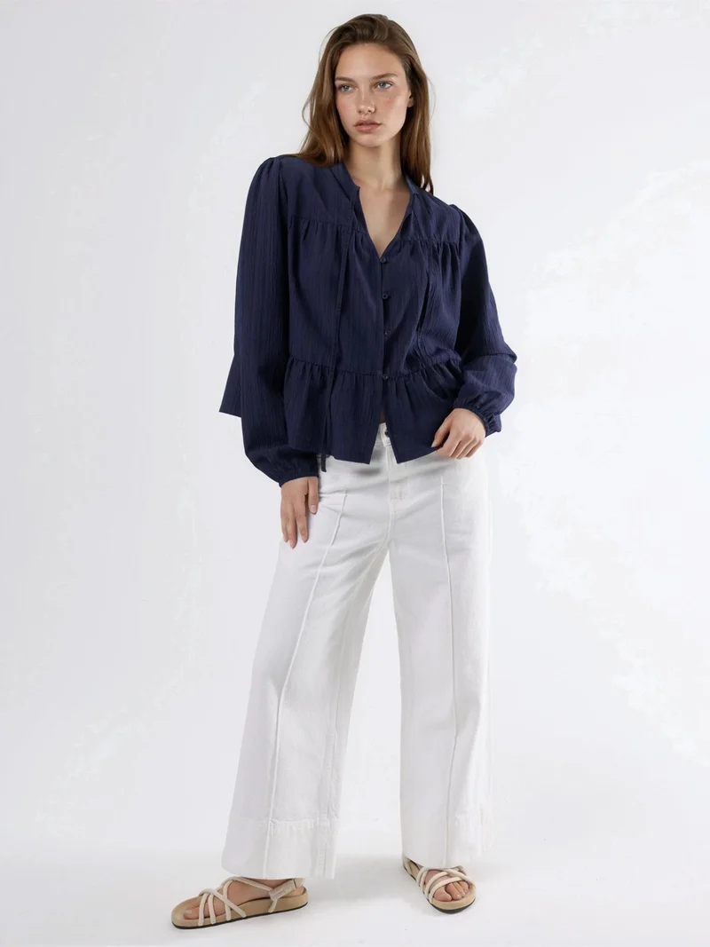 HICCUP Navy Blue Long Sleeve Tippet Collar Blouse for Women | Best Price UAE