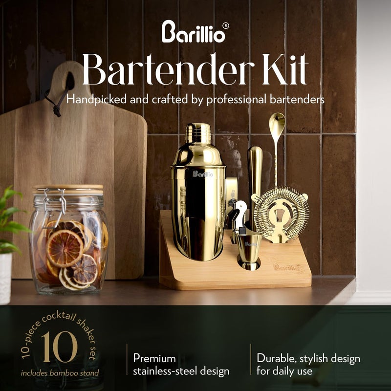barillio طقم خلط المشروبات الذهبي - مجموعة شاكر كوكتيل من الفولاذ المقاوم للصدأ مع حامل من الخيزران - أدوات بار خلط مع شاكر، ملعقة خلط ومهدم للمشروبات - ملحقات بار منزلية - مجموعة بار مكونة من 10 قطع - Image 3