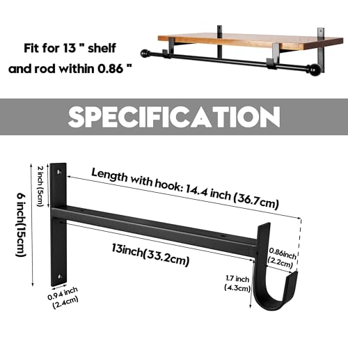 AddGrace Closet Rod Bracket Heavy Duty Shelf Brackets 13 Inch Black Wall Mounted Closet Rod Support with Pole Holder Industrial Iron Shelving Supports with Hook (2 Pack) - Image 4