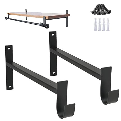 AddGrace Closet Rod Bracket Heavy Duty Shelf Brackets 13 Inch Black Wall Mounted Closet Rod Support with Pole Holder Industrial Iron Shelving Supports with Hook (2 Pack) - Image 1