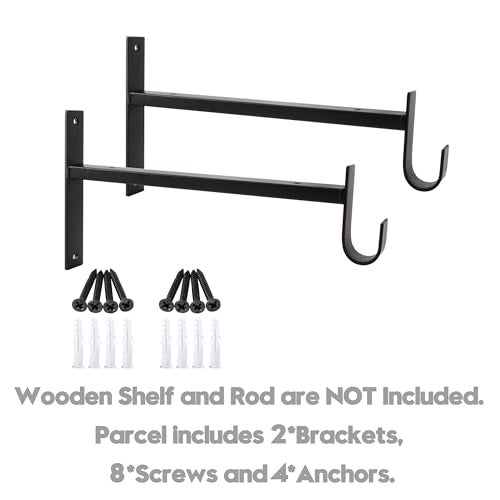 AddGrace Closet Rod Bracket Heavy Duty Shelf Brackets 13 Inch Black Wall Mounted Closet Rod Support with Pole Holder Industrial Iron Shelving Supports with Hook (2 Pack) - Image 2