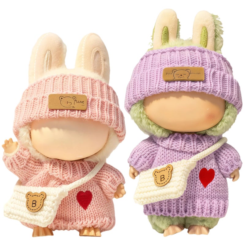 VVQUI 2 Pack Clothes for LABUBU 17cm Doll 6Piece Handcrafted Crochet Accessories for LABUBU Premium Outfits for LABUBU Unique Dress up Heart Sweater Hat Bag Pink Purple - Image 3