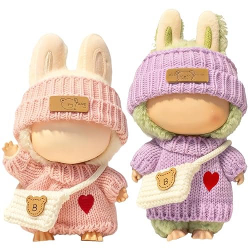 VVQUI 2 Pack Clothes for LABUBU 17cm Doll 6Piece Handcrafted Crochet Accessories for LABUBU Premium Outfits for LABUBU Unique Dress up Heart Sweater Hat Bag Pink Purple - Image 1