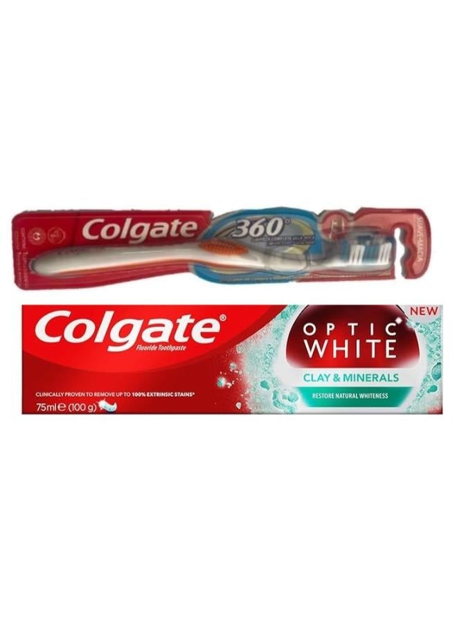 كولجيت معجون أسنان كولجيت أوبتيك وايت كلاي اند منيرالز 75 مل مع فرشاة أسنان كولجيت 360 درجة لتنظيف الفم بالكامل، متعدد الألوان - Image 1
