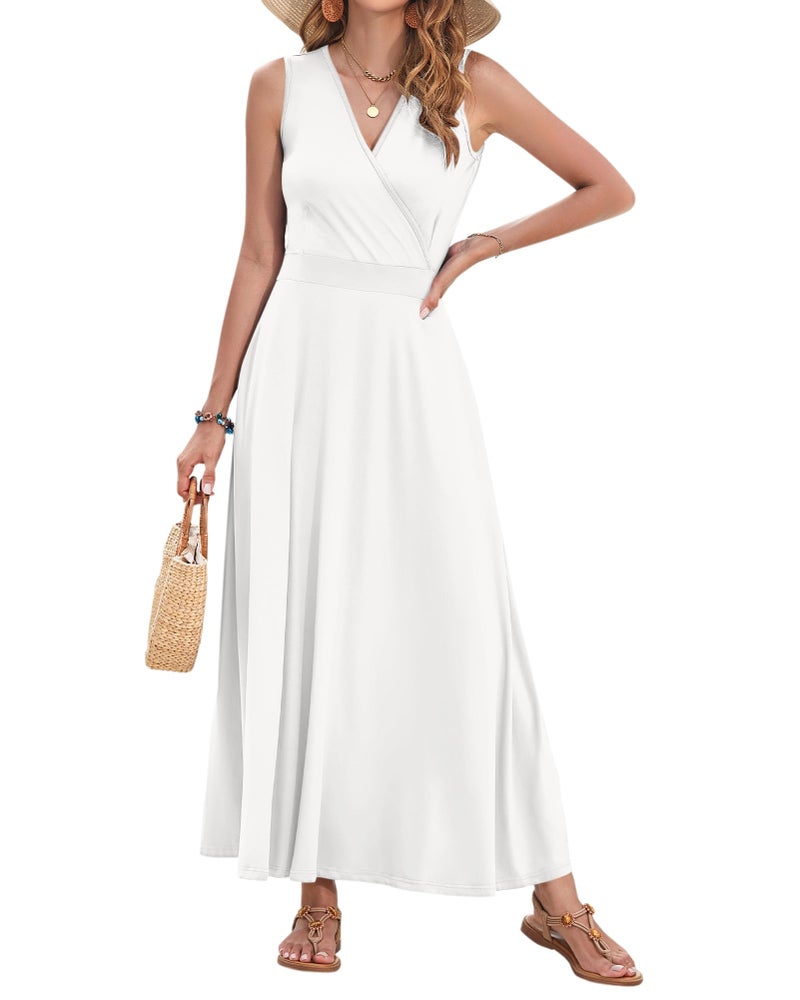 AUSELILY Women's Maxi Dress 2026 Summer Casual Sleeveless Sundress V Neck Wrap Vacation Cocktail Long Dresses with Pockets (L, Off White) - Image 3