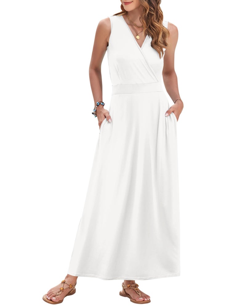 AUSELILY Women's Maxi Dress 2026 Summer Casual Sleeveless Sundress V Neck Wrap Vacation Cocktail Long Dresses with Pockets (L, Off White) - Image 1