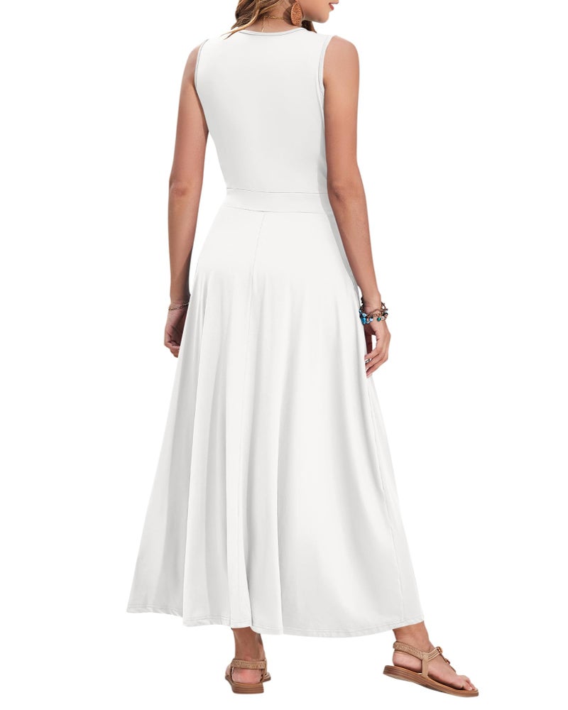 AUSELILY Women's Maxi Dress 2026 Summer Casual Sleeveless Sundress V Neck Wrap Vacation Cocktail Long Dresses with Pockets (L, Off White) - Image 5