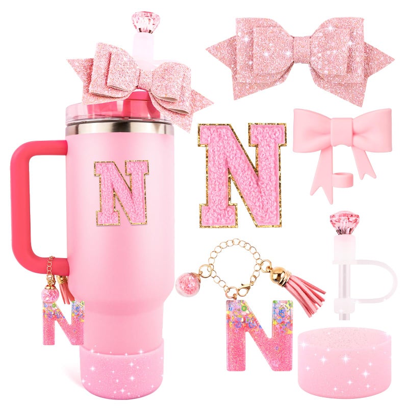 Pink Cup Accessories Set for Stanley 30OZ 40OZ Tumbler with Handle Letter Charms Bow Diamond Straw Covers Glitter Silicone Boot Personalized Sticker for Stanley Cup Accessories N