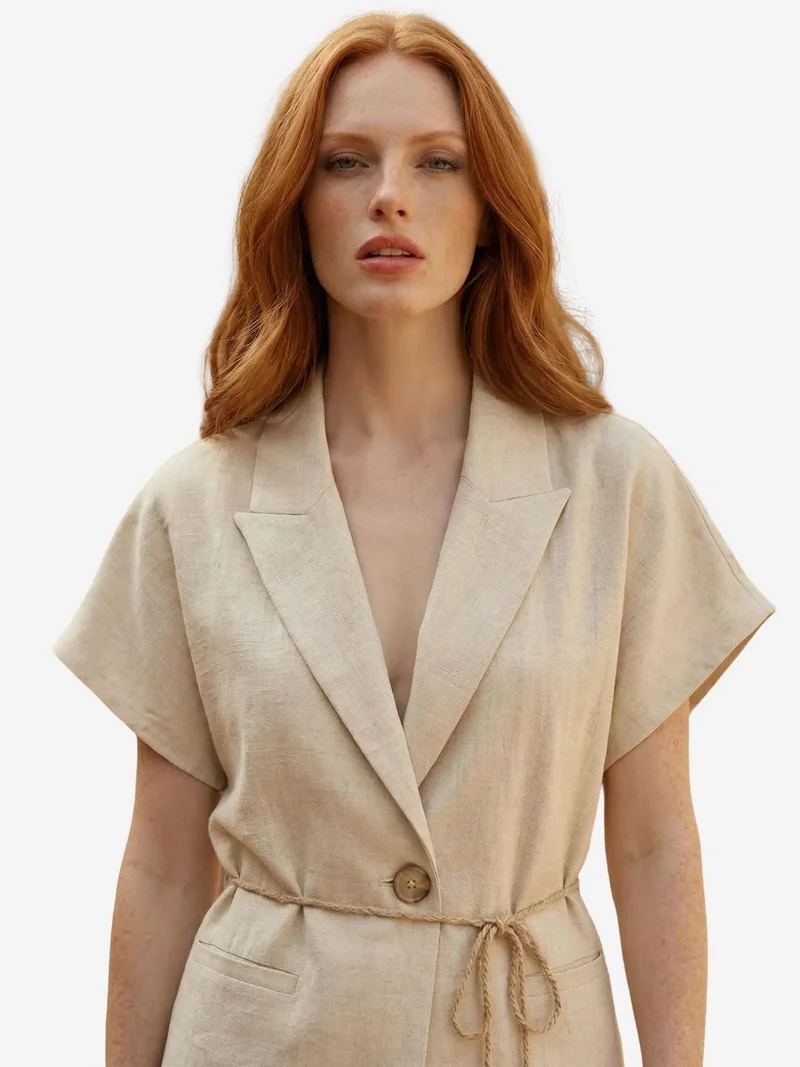 My Fashion Cream Natural MY FASHION V-Neck Buttoned Blouse & High Waist Trousers Two-Piece Set for Women | Best Price UAE