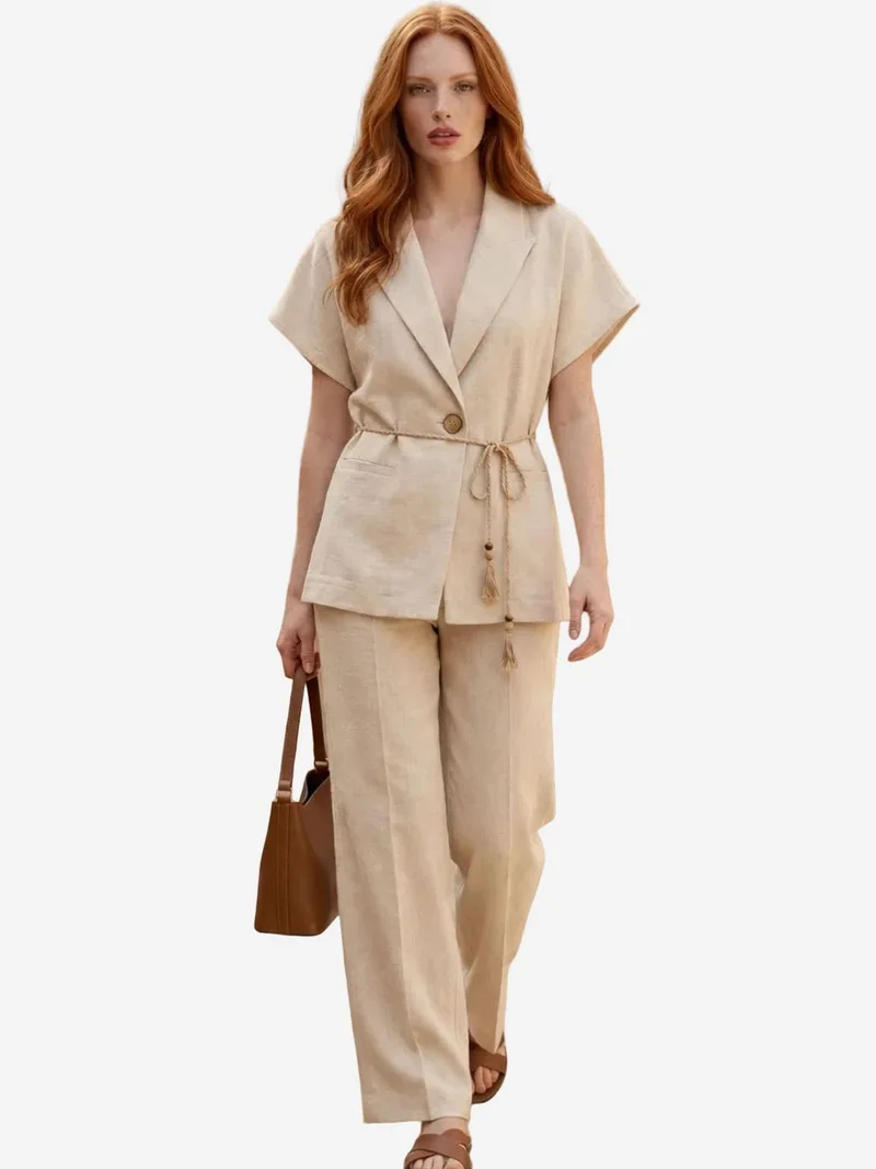 ماي فاشن MY FASHION V-Neck Buttoned Blouse & High Waist Trousers Two-Piece Set