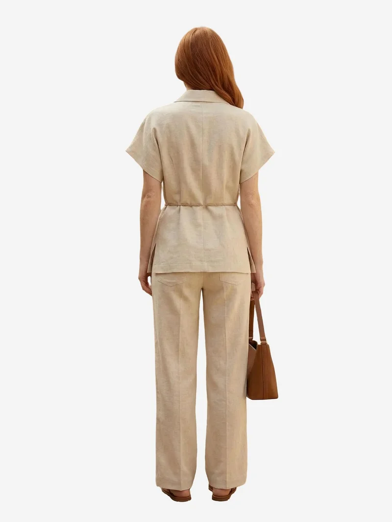 My Fashion Cream Natural MY FASHION V-Neck Buttoned Blouse & High Waist Trousers Two-Piece Set for Women | Best Price UAE