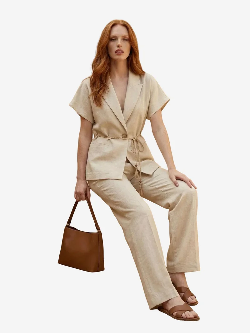 ماي فاشن MY FASHION V-Neck Buttoned Blouse & High Waist Trousers Two-Piece Set