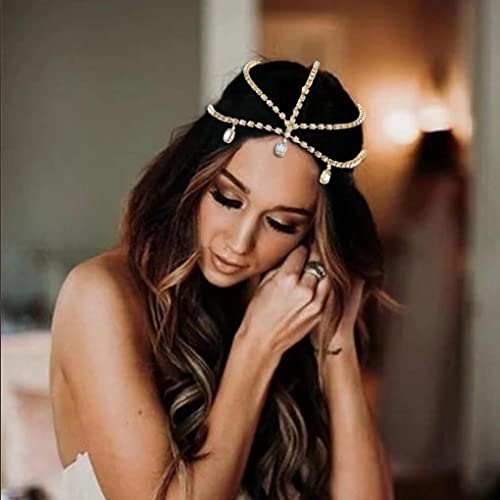 Yalice Layered Head Chain Rhinestone Head Jewelry Sparkly Bridal Headpieces Sparkle Crystal Headbands Wedding Prom Hair Jewelry for Women and Girls (Gold, One Size) - Image 3