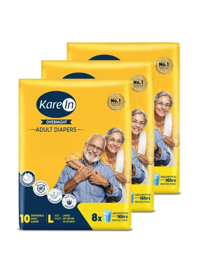 Karein Overnight Adult Diaper Tape L Size, Large, Waist , 30 Unit, Long Protection Hour, Unisex, Quick & Even Absorption, Aloe Vera, Leakproof, Odour Control, Wetness Indicator