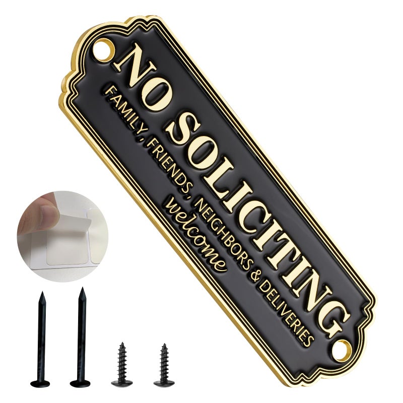 Frohllia Brass No Soliciting Sign - Elegant No Soliciting Sign for House, Handmade Wall Plaque for Home & Office, Traditional Door Decor for House, Business, Front Porch - Easy to Install (Brass No Soliciting Signs Yellow, 5 x 1.6 inches) - Image 1