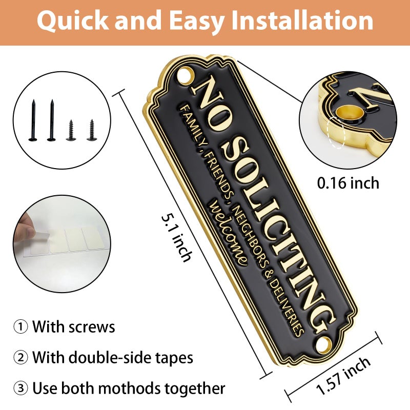 Frohllia Brass No Soliciting Sign - Elegant No Soliciting Sign for House, Handmade Wall Plaque for Home & Office, Traditional Door Decor for House, Business, Front Porch - Easy to Install (Brass No Soliciting Signs Yellow, 5 x 1.6 inches) - Image 2
