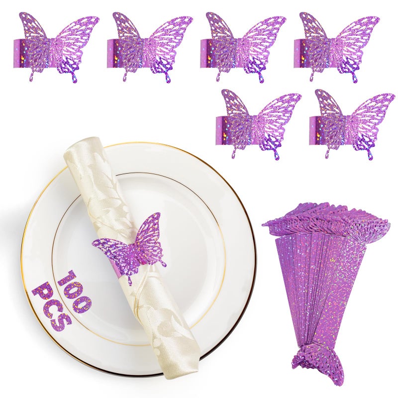 DELEMI 100 Pcs 3D Purple Sequined Butterfly Napkin Rings Silverware Wraps Bands,Iridescent Table Setup Wedding Valentines Day Event Party Supply Table Settings, Glossy Serviette Buckles Decorï¼ˆPurpleï¼‰ - Image 1