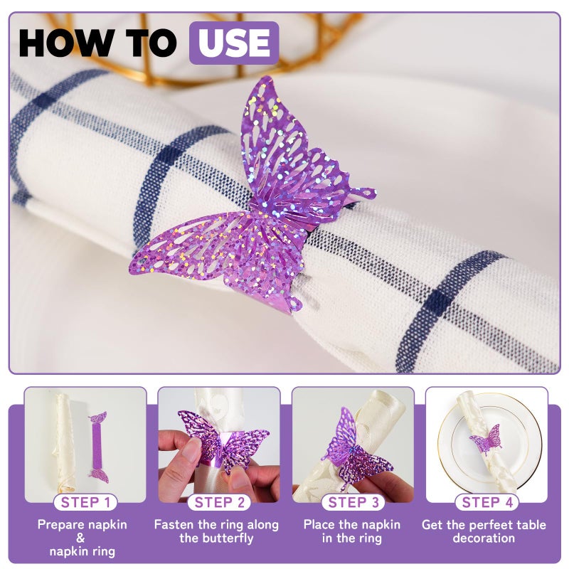 DELEMI 100 Pcs 3D Purple Sequined Butterfly Napkin Rings Silverware Wraps Bands,Iridescent Table Setup Wedding Valentines Day Event Party Supply Table Settings, Glossy Serviette Buckles Decorï¼ˆPurpleï¼‰ - Image 3