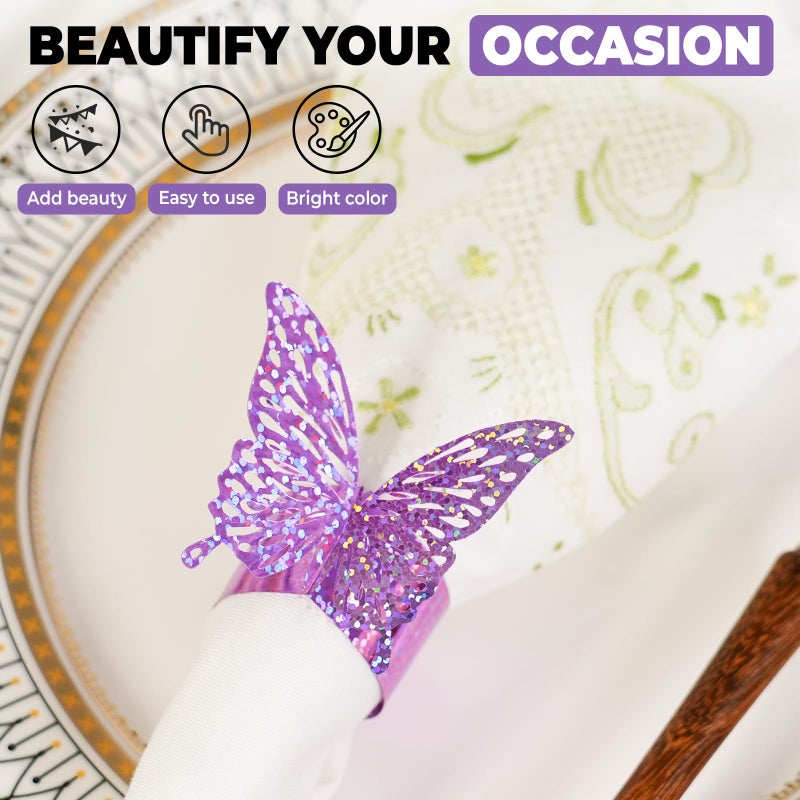 DELEMI 100 Pcs 3D Purple Sequined Butterfly Napkin Rings Silverware Wraps Bands,Iridescent Table Setup Wedding Valentines Day Event Party Supply Table Settings, Glossy Serviette Buckles Decorï¼ˆPurpleï¼‰ - Image 5
