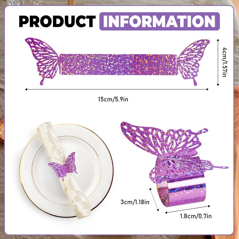 DELEMI 100 Pcs 3D Purple Sequined Butterfly Napkin Rings Silverware Wraps Bands,Iridescent Table Setup Wedding Valentines Day Event Party Supply Table Settings, Glossy Serviette Buckles Decorï¼ˆPurpleï¼‰ - Image 2