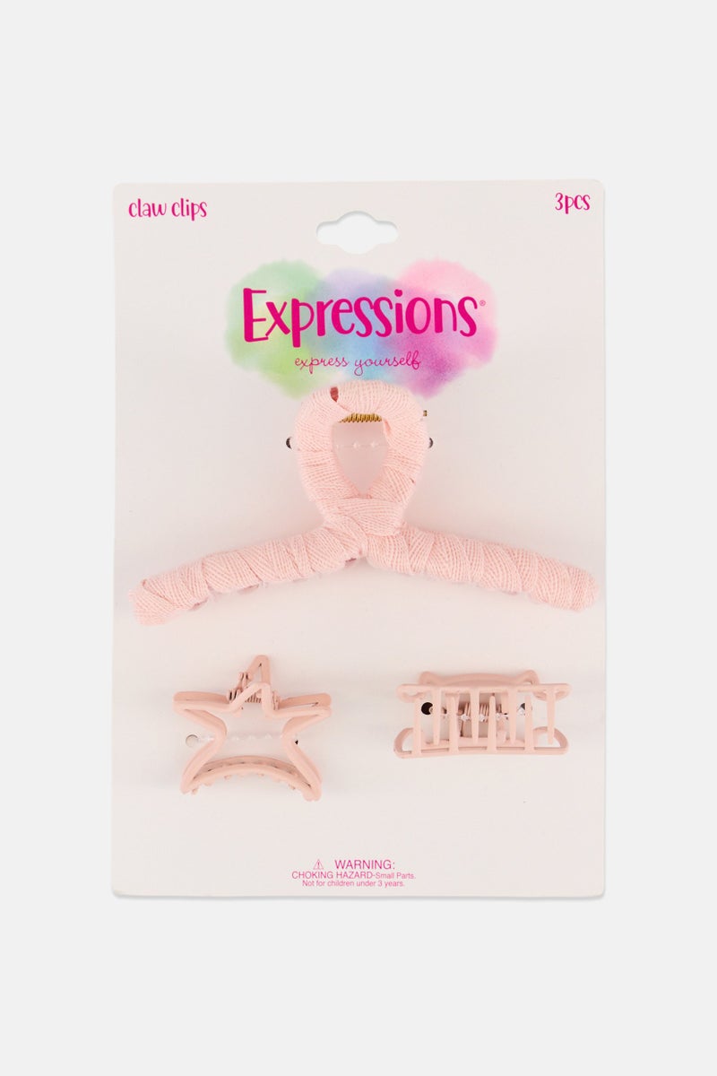 Expressions Kids Girl 3 Pieces Hair Claw Clips, Pink - Image 1