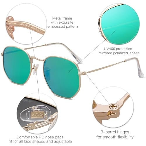 SOJOS Small Square Polarized Sunglasses for Men and Women Polygon Mirrored Lens SJ1072 with Gold Frame/Green Mirrored Lens - Image 4