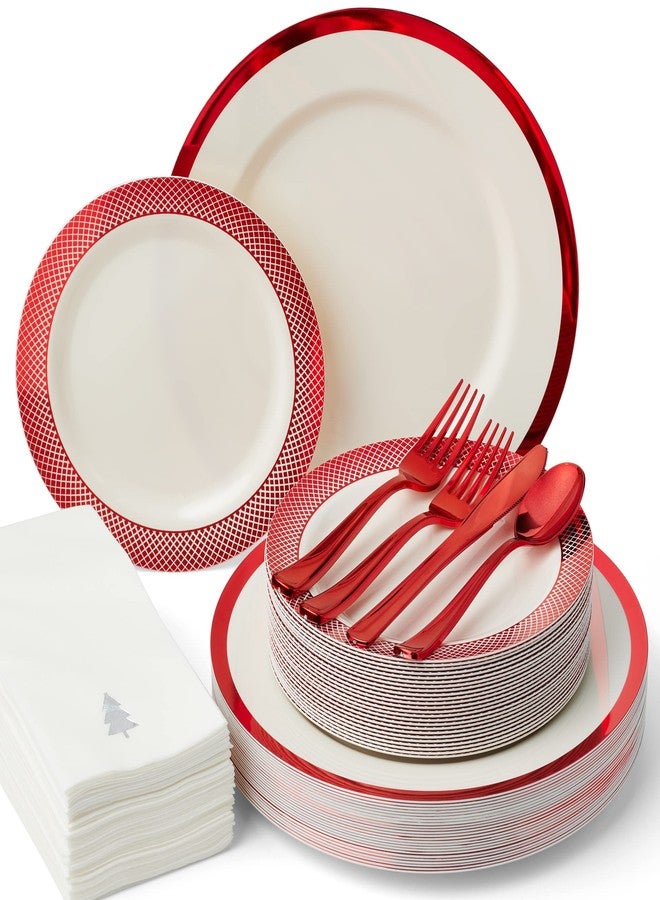 By Madee HEAVYWEIGHT 175 Pc Disposable Christmas Plates and Napkins Set | Ivory Red Trim | Christmas Plates, Holiday Napkins, Silverware | Party Set to Celebrate (25 Guests) - Image 1