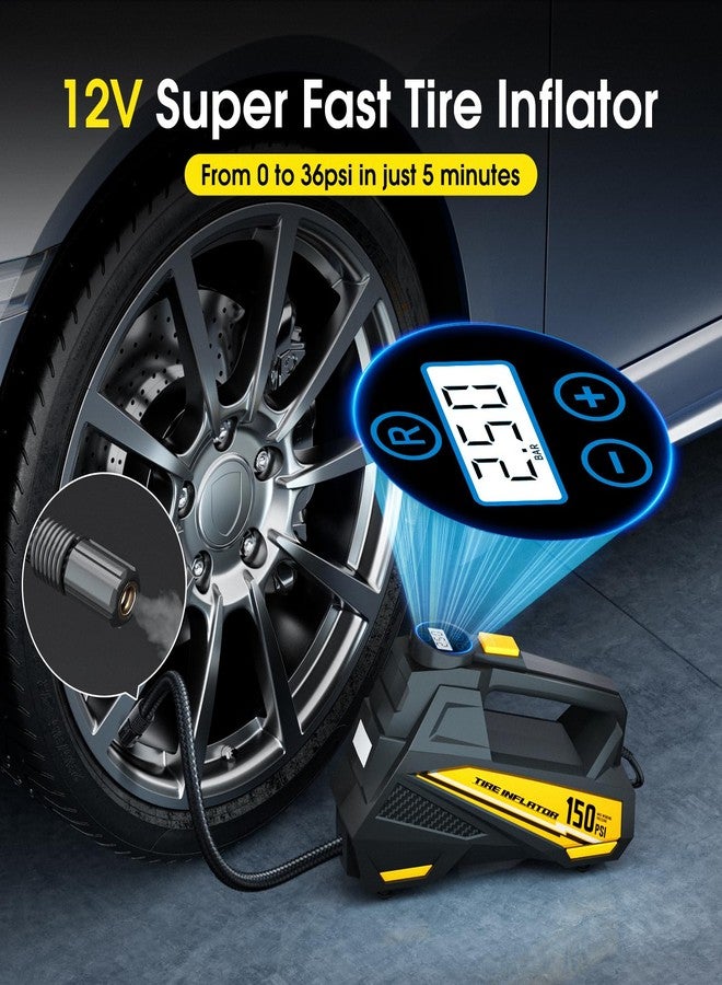 FLYKID Portable Car Tyre Inflator Air Compressor DC 12V with 150PSI LCD Digital Display and LED Emergency Light, Automatic Tyre Pump - Image 2