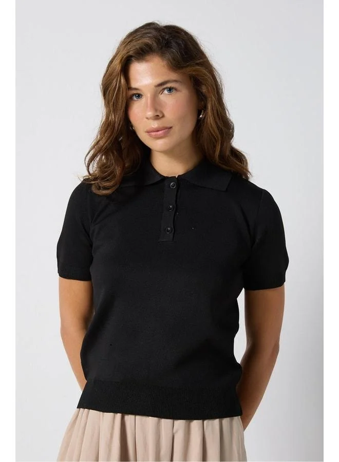 mina aise Women's Black Short Sleeve Polo Neck Buttoned Knit Sweater5273.