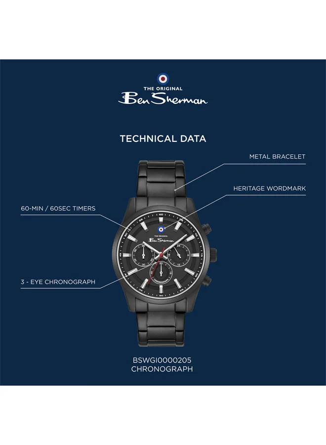 Ben Sherman black Cambridge Black Dial Black Stainless Steel Bracelet Chronograph Watch for Men, 42mm for Men | Best Price UAE