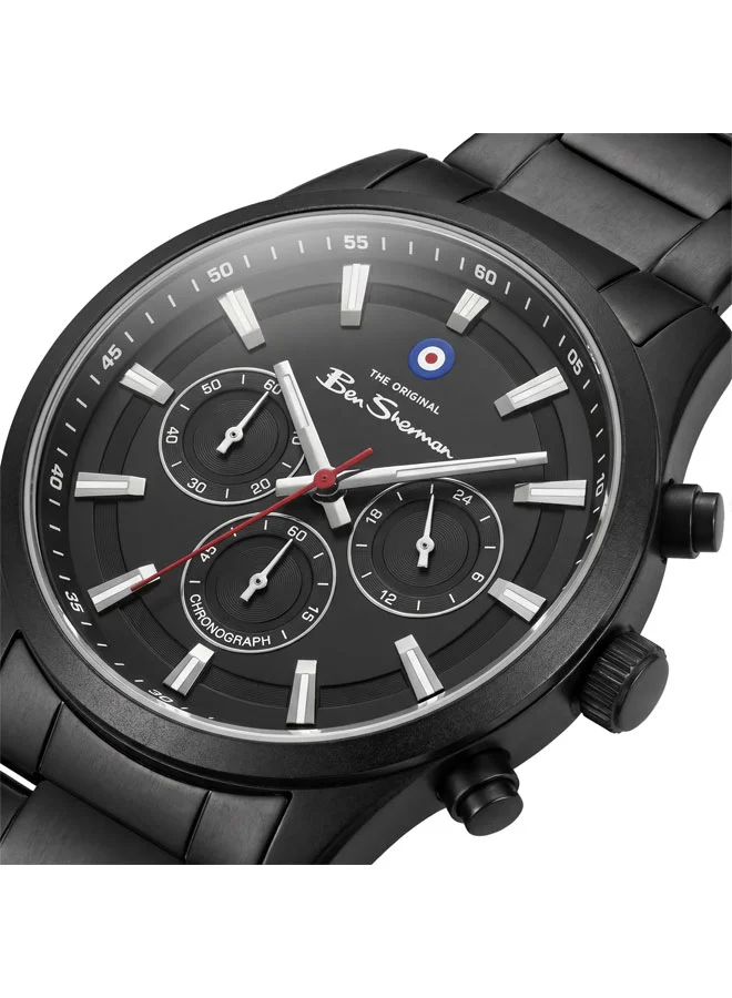 بين شيرمان Cambridge Black Dial Black Stainless Steel Bracelet Chronograph Watch for Men, 42mm