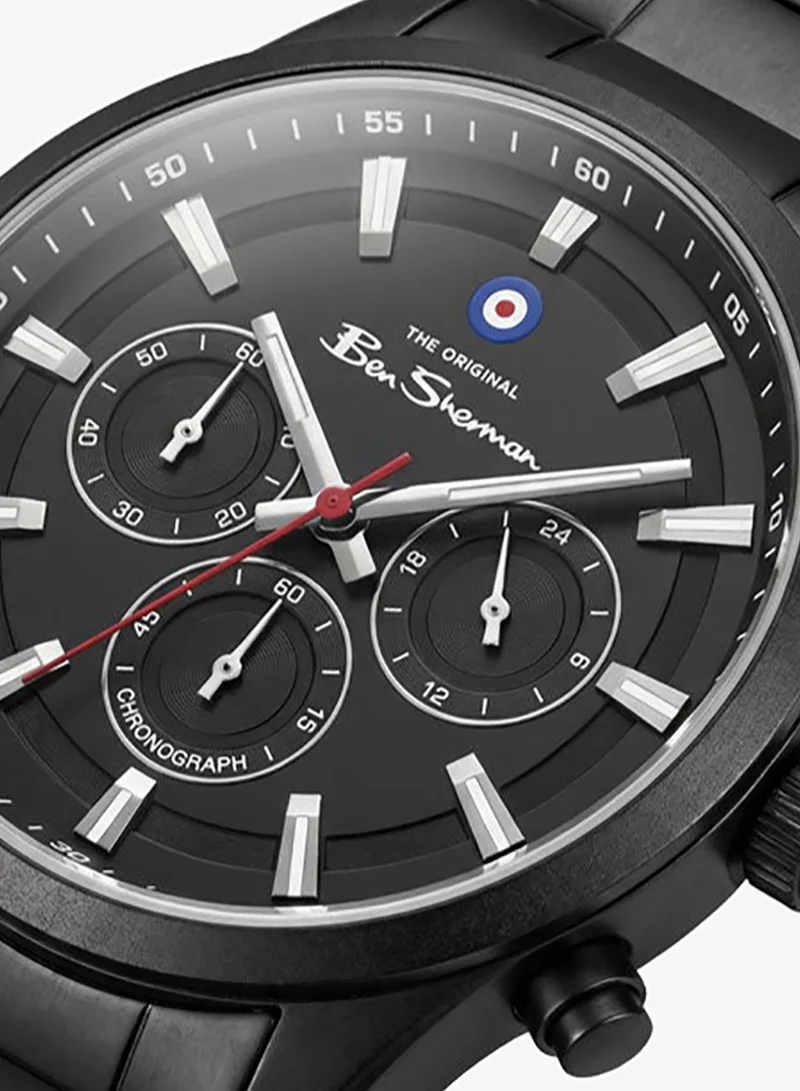 Ben Sherman Cambridge Black Dial Black Stainless Steel Bracelet Chronograph Watch for Men, 42mm