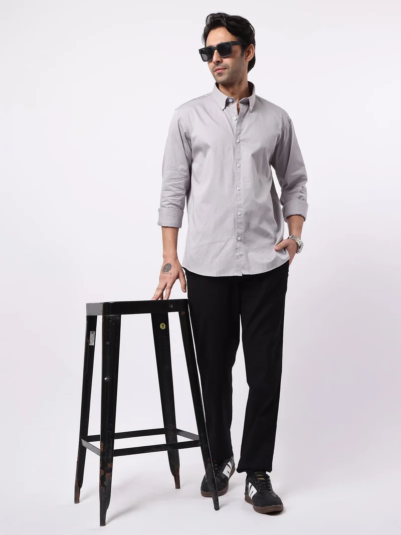 Maniac  Maniac Mens Solid Collared Neck Full Sleeve Soft Twill Fabric Silver Grey Shirt for Men | Best Price UAE