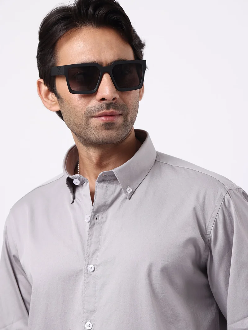 مانياك Maniac Mens Solid Collared Neck Full Sleeve Soft Twill Fabric Silver Grey Shirt