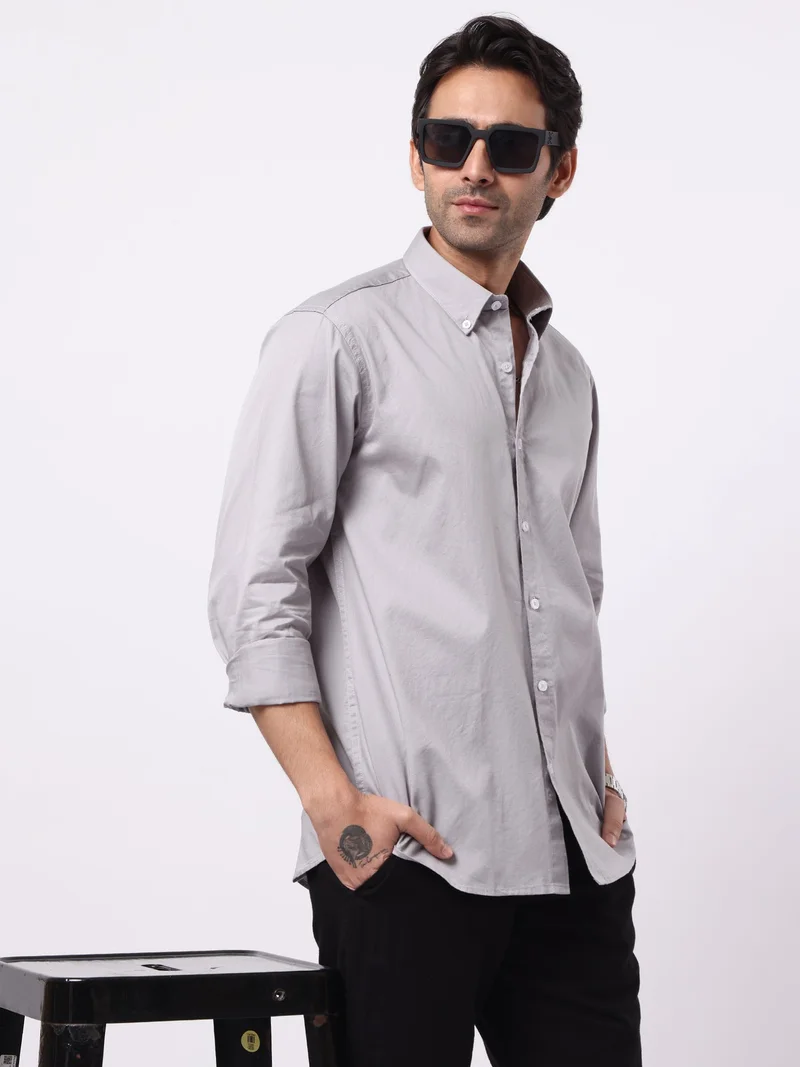 Maniac  Maniac Mens Solid Collared Neck Full Sleeve Soft Twill Fabric Silver Grey Shirt for Men | Best Price UAE