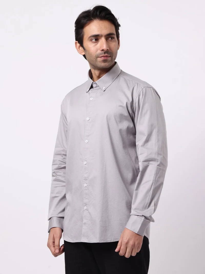 Maniac  Maniac Mens Solid Collared Neck Full Sleeve Soft Twill Fabric Silver Grey Shirt for Men | Best Price UAE