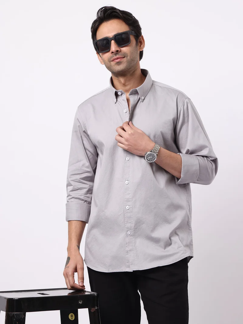 مانياك Maniac Mens Solid Collared Neck Full Sleeve Soft Twill Fabric Silver Grey Shirt