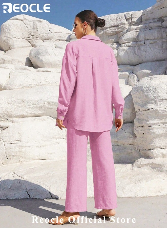 REOCLE Women's 2 PCS Cotton Linen Set Comfortable and Breathable Retro Outfits Button Down Long Sleeve Shirt and High Waist Wide Leg Pants Set - Image 3