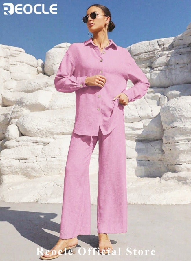 REOCLE Women's 2 PCS Cotton Linen Set Comfortable and Breathable Retro Outfits Button Down Long Sleeve Shirt and High Waist Wide Leg Pants Set - Image 2