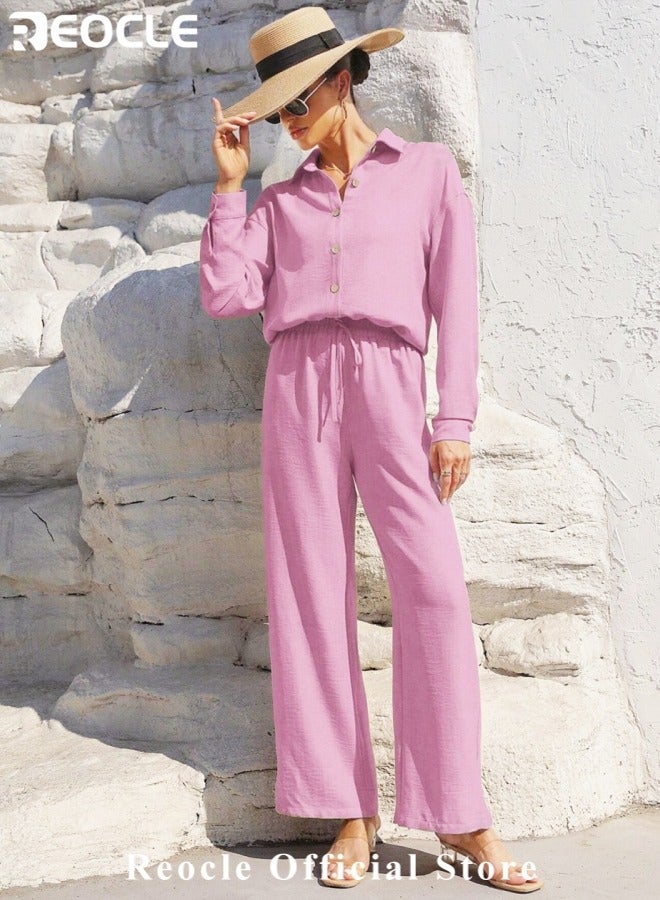 REOCLE Women's 2 PCS Cotton Linen Set Comfortable and Breathable Retro Outfits Button Down Long Sleeve Shirt and High Waist Wide Leg Pants Set - Image 4