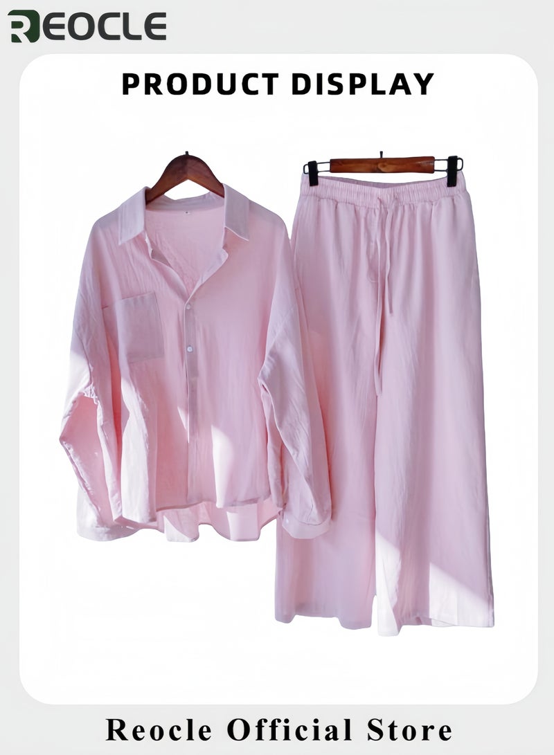 REOCLE Women's 2 PCS Cotton Linen Set Comfortable and Breathable Retro Outfits Button Down Long Sleeve Shirt and High Waist Wide Leg Pants Set - Image 5