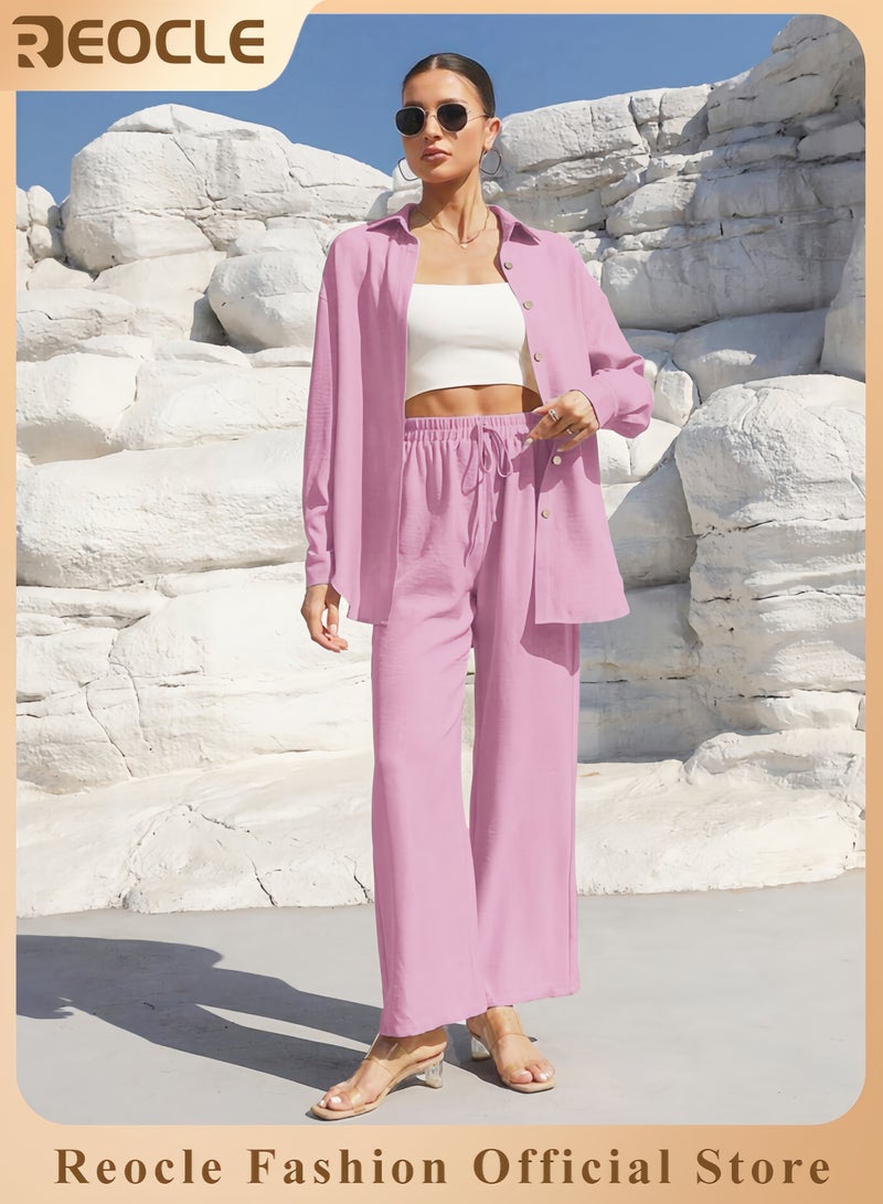 REOCLE Women's 2 PCS Cotton Linen Set Comfortable and Breathable Retro Outfits Button Down Long Sleeve Shirt and High Waist Wide Leg Pants Set - Image 1