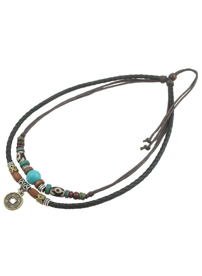 Ancient Tribe Unisex Adjustable Necklace Choker Turquoise Bead (Black & Brown) - Image 2