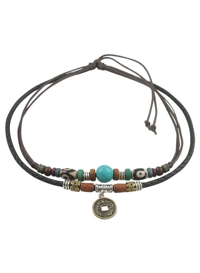 Ancient Tribe Unisex Adjustable Necklace Choker Turquoise Bead (Black & Brown) - Image 1