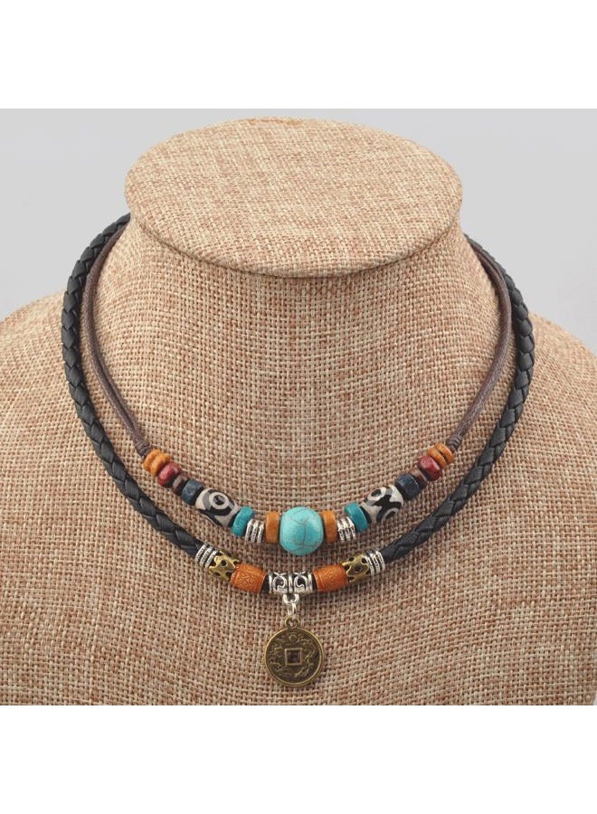 Ancient Tribe Unisex Adjustable Necklace Choker Turquoise Bead (Black & Brown) - Image 3