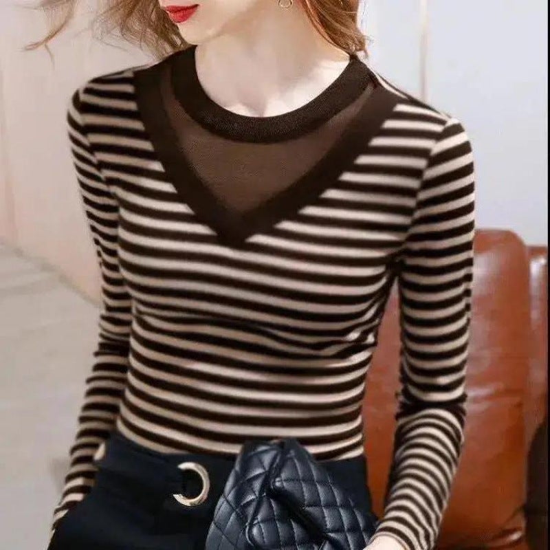 2024 New Inner Base Long-Sleeved Top Mesh Stitching V-Neck Base Shirt Striped T-Shirt For Women - Image 5