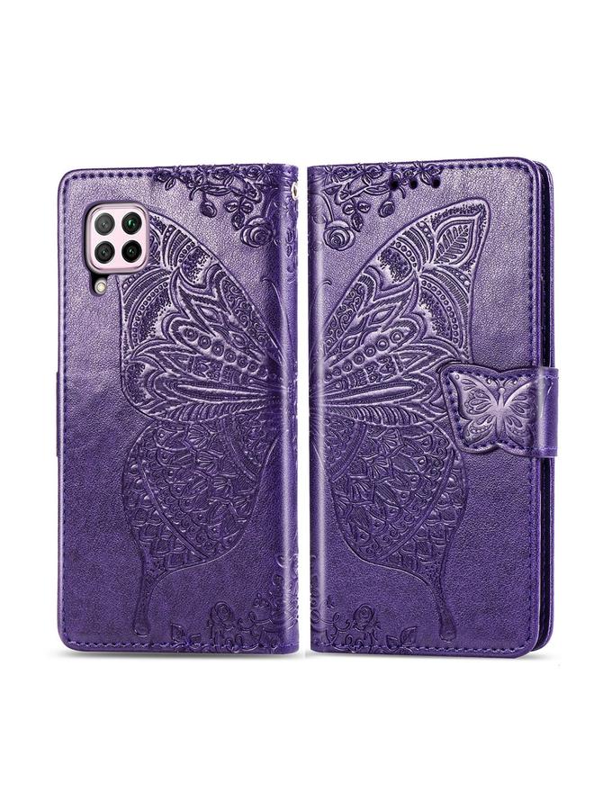 اس-توب جراب لهاتف Huawei Nova 6 SE مصنوع من الجلد المنقوش بشكل أفقي على شكل زهرة حب الفراشة مع حامل / فتحة بطاقة / محفظة / حبل - Image 1